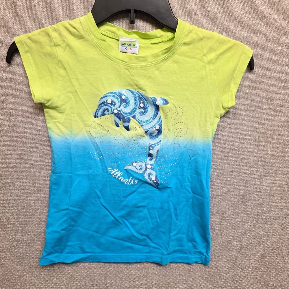 Atlantis Kids Ombre Dolphin Graphic T-Shirt Blue Green Glitter Rhinestone Small